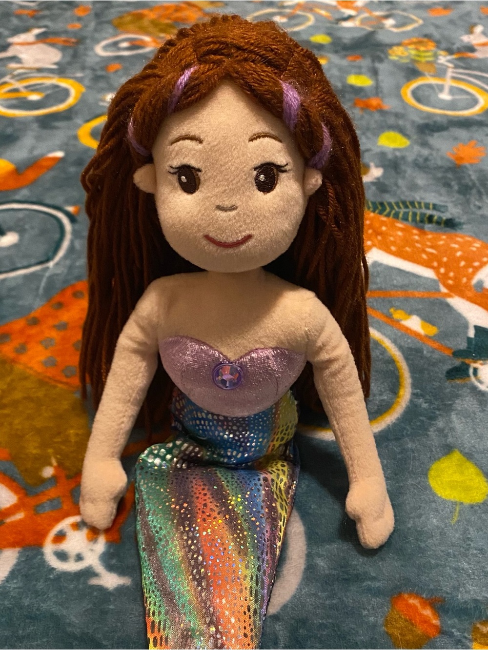 Aurora Rainbow Glitter Mermaid Plush Stuffed Animal Doll w/ Red Hair & Chest Gem